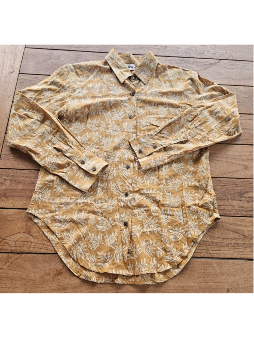 Namai Studio 100% Cotton Block Print Leaf Button Down Shirt Mustard Yellow M